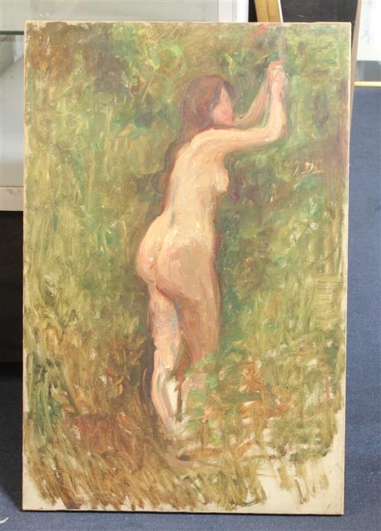 Albert de Belleroche (1864-1944) Sketch of a nude woman in woodland 29.5 x 19.5in., unframed